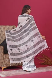 Cotton Linen Saree with Hand Block Print - Shivanya Handicrafts Women's Traditional Indian Wear